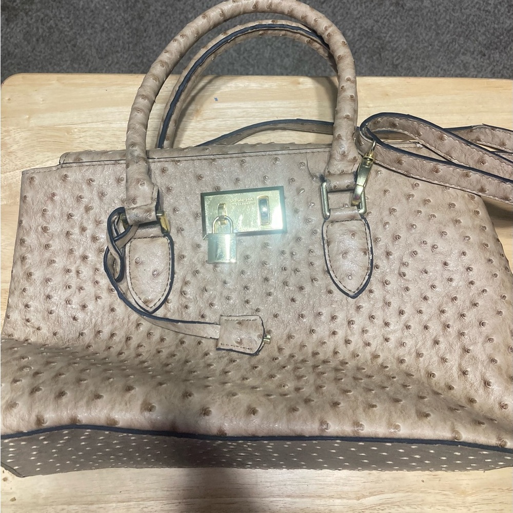 London Fog Beige Ostrich-Texture Satchel with Gold Lock